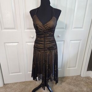 Vintage Style Black Gold Glitter Floral Halter Handkerchief Hem Midi Dress